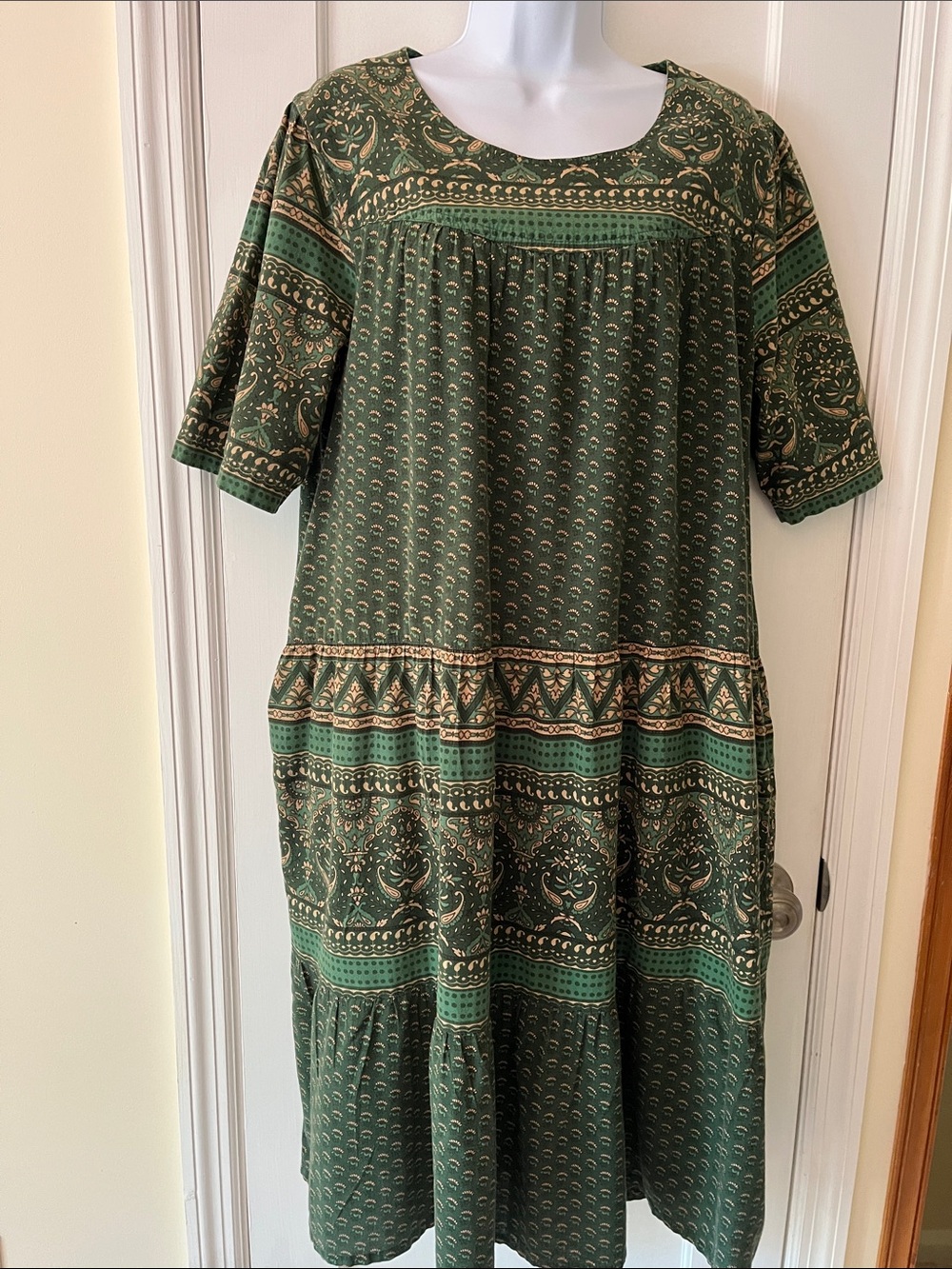 La Cera Cotton Tiered Dress Midi Muumuu Womens Large Pockets Green Print Boho
